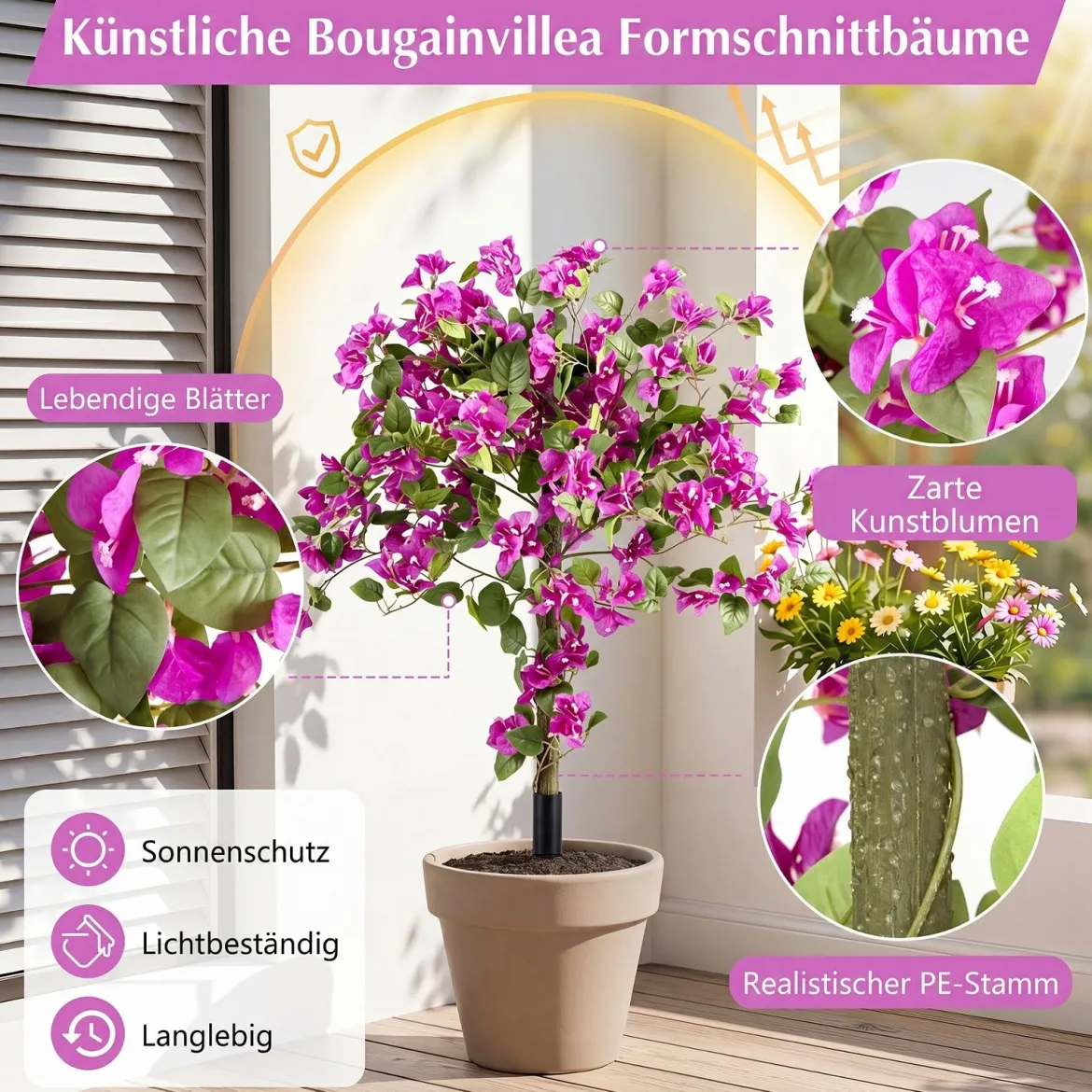 2er Set Künstliche Blumen mit Erdspieß Künstliche Bougainvillea für Veranda & Garten