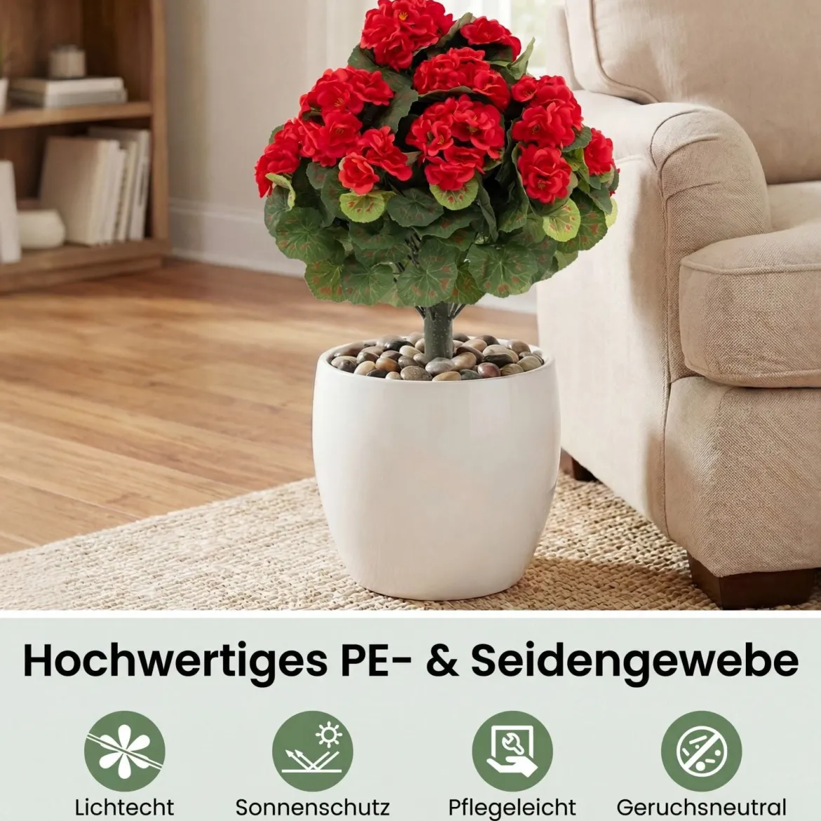 2er Set Künstliche Geranien mit realistischer PE-Stamm & Seidenblumen & -blätter Rot