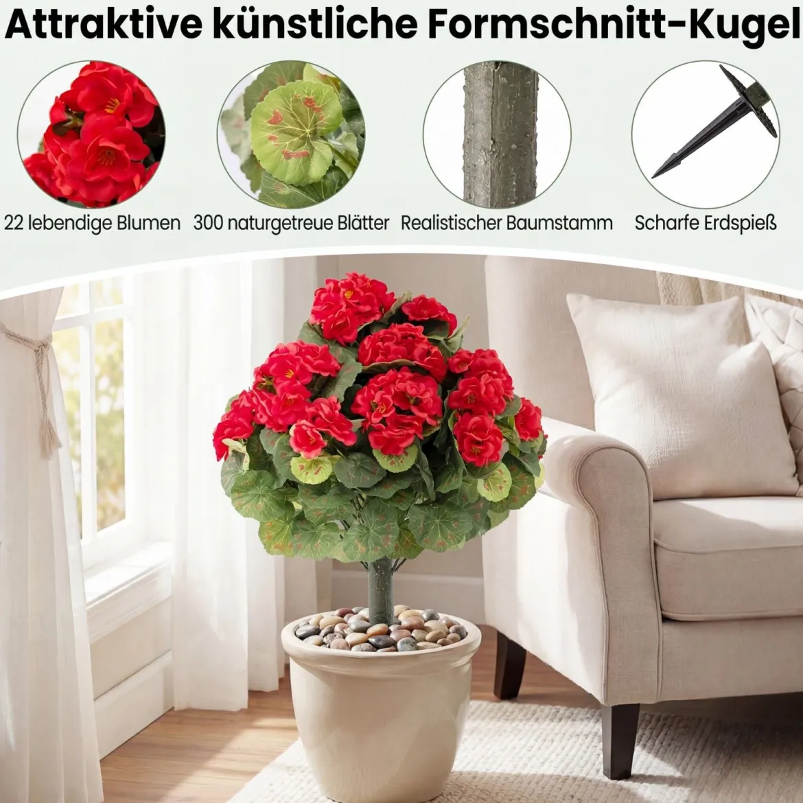 2er Set Künstliche Geranien mit realistischer PE-Stamm & Seidenblumen & -blätter Rot