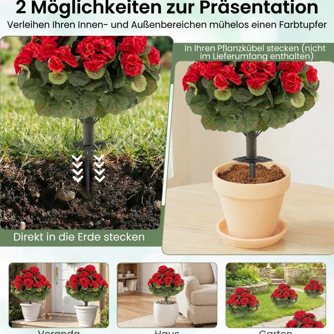 2er Set Künstliche Geranien mit realistischer PE-Stamm & Seidenblumen & -blätter Rot