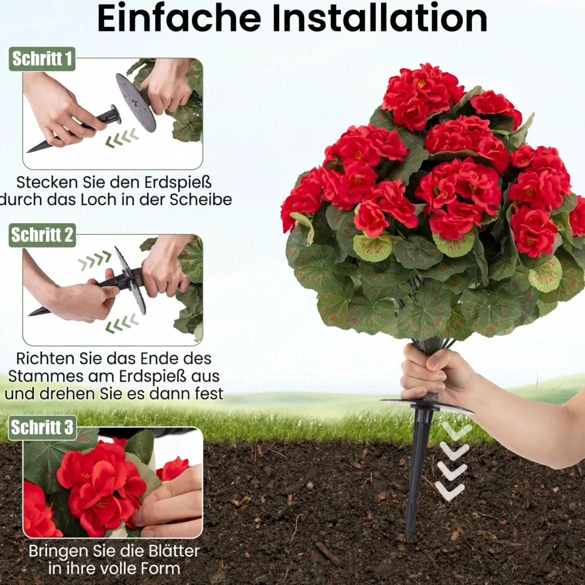 2er Set Künstliche Geranien mit realistischer PE-Stamm & Seidenblumen & -blätter Rot