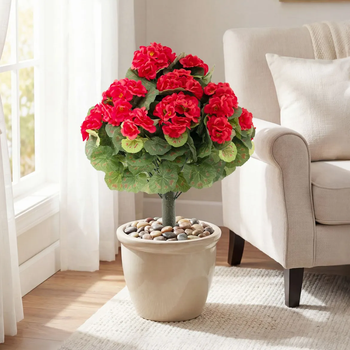 2er Set Künstliche Geranien mit realistischer PE-Stamm & Seidenblumen & -blätter Rot