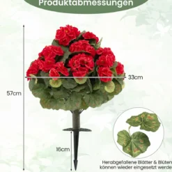 2er Set Künstliche Geranien mit realistischer PE-Stamm & Seidenblumen & -blätter Rot