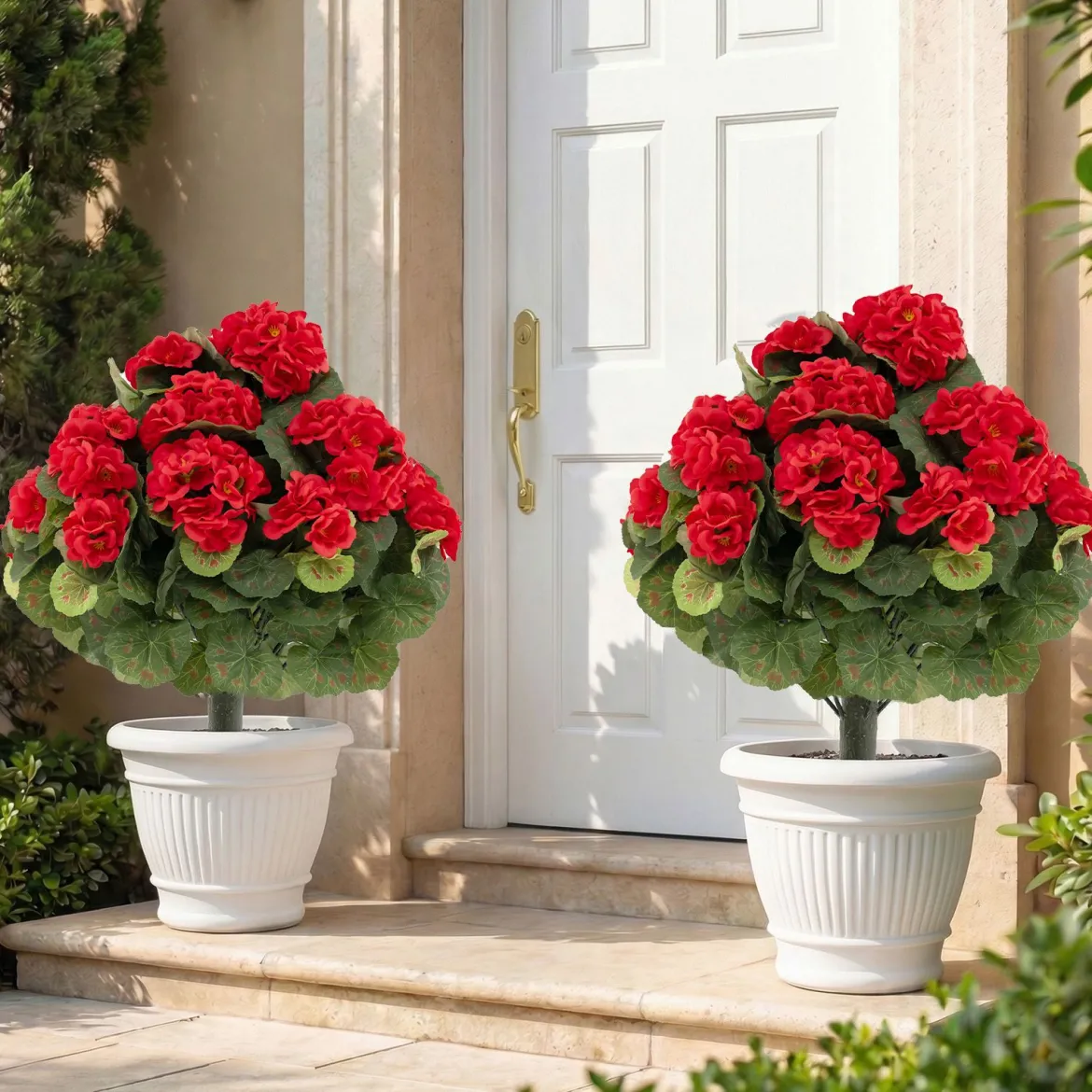 2er Set Künstliche Geranien mit realistischer PE-Stamm & Seidenblumen & -blätter Rot