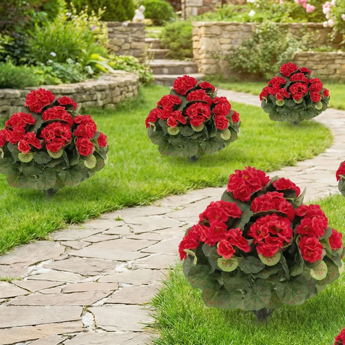 2er Set Künstliche Geranien mit realistischer PE-Stamm & Seidenblumen & -blätter Rot
