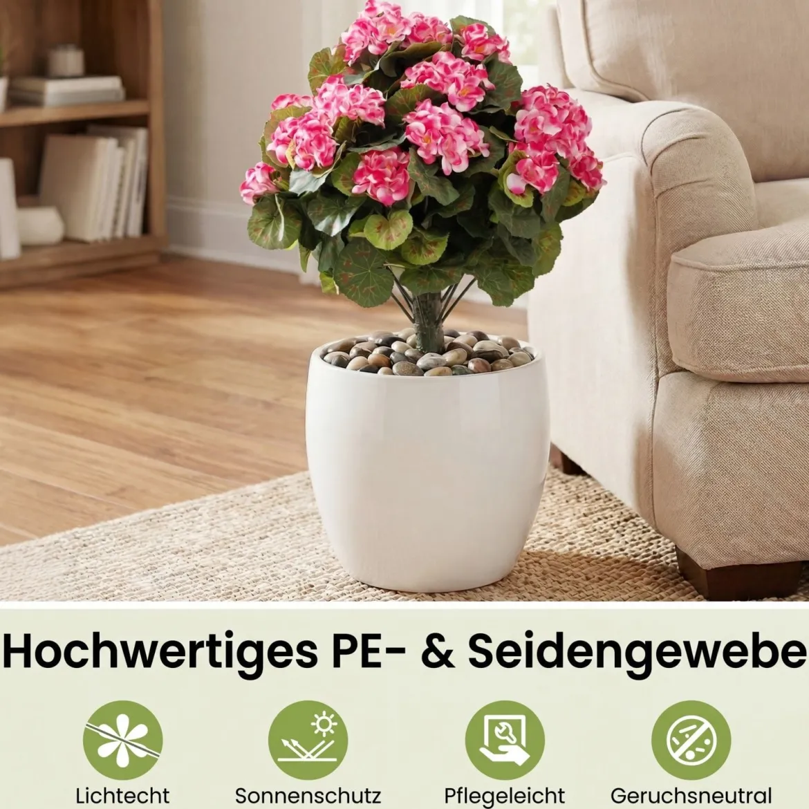 2er Set Künstliche Geranien mit realistischer PE-Stamm & Seidenblumen & -blätter Rosa