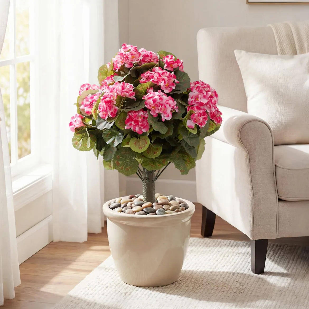 2er Set Künstliche Geranien mit realistischer PE-Stamm & Seidenblumen & -blätter Rosa