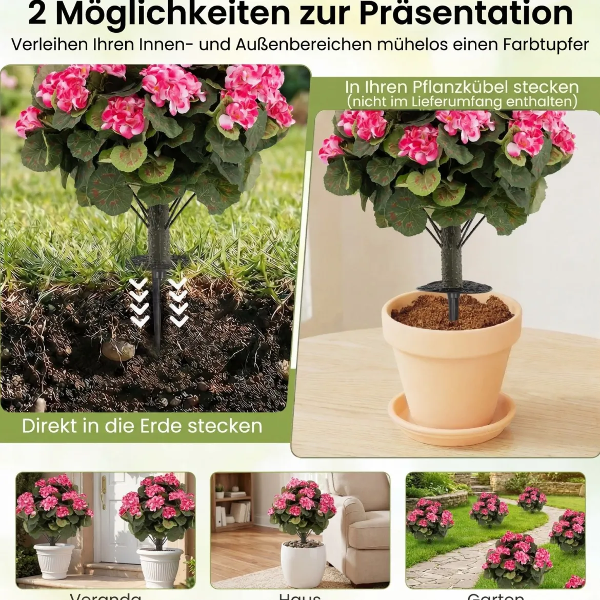 2er Set Künstliche Geranien mit realistischer PE-Stamm & Seidenblumen & -blätter Rosa