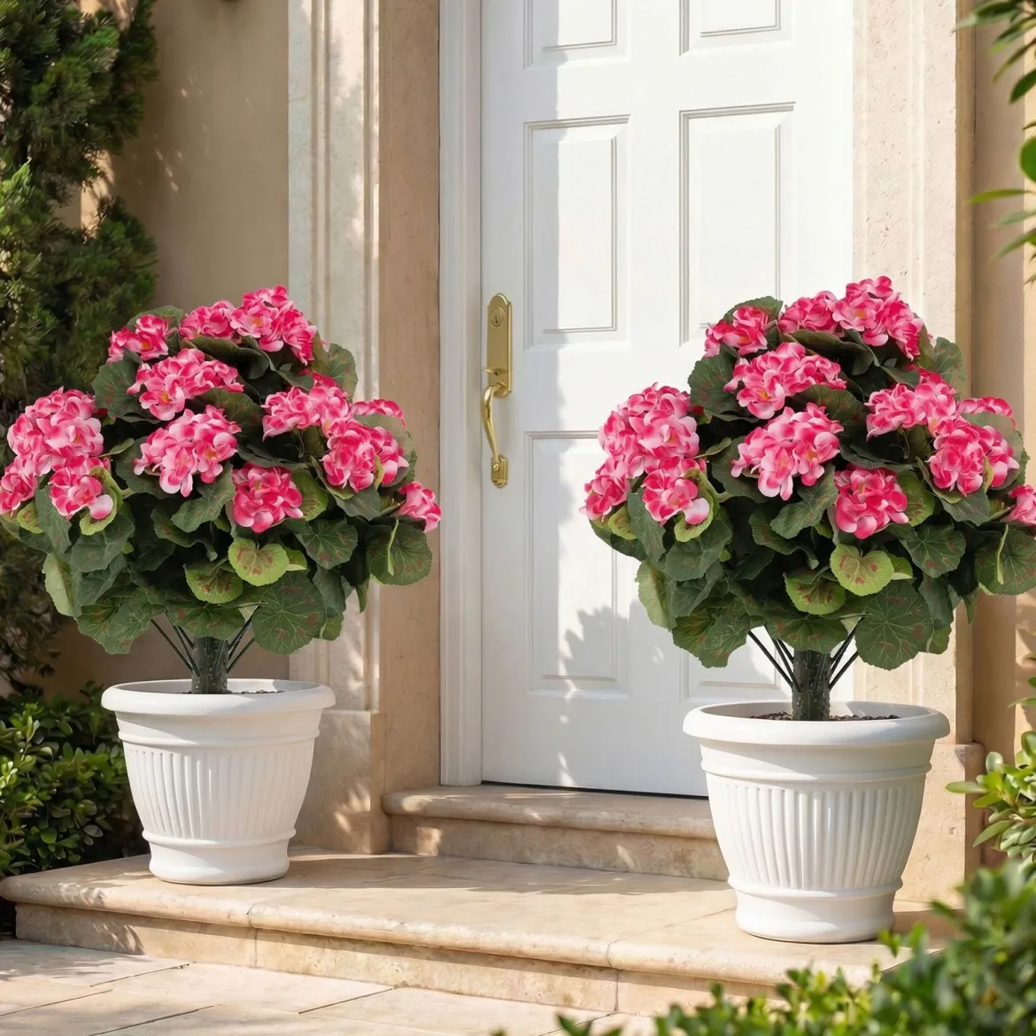 2er Set Künstliche Geranien mit realistischer PE-Stamm & Seidenblumen & -blätter Rosa