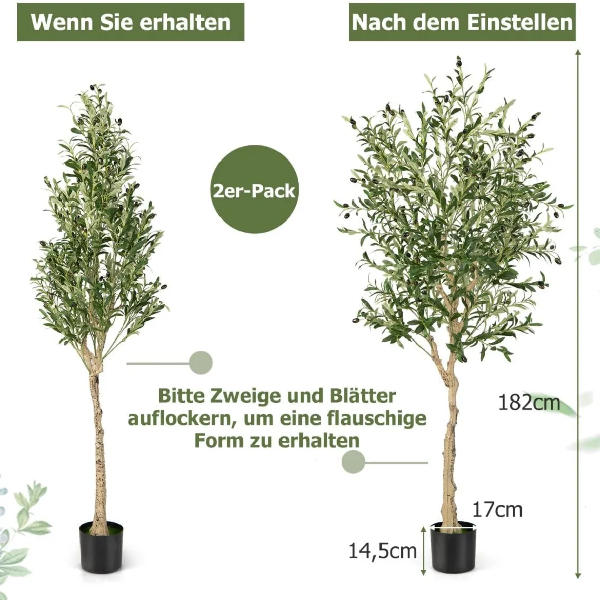 1/2er Set Künstliche Olivenbäume mit 1296 Blättern & 72 Früchten Olivenpflanzen 182 cm