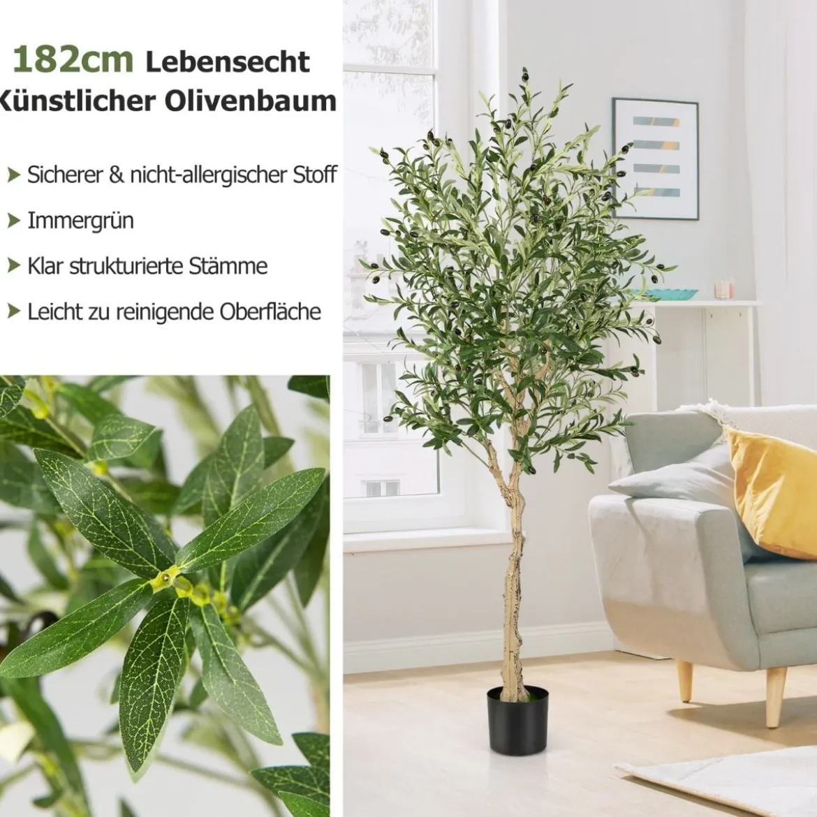 1/2er Set Künstliche Olivenbäume mit 1296 Blättern & 72 Früchten Olivenpflanzen 182 cm