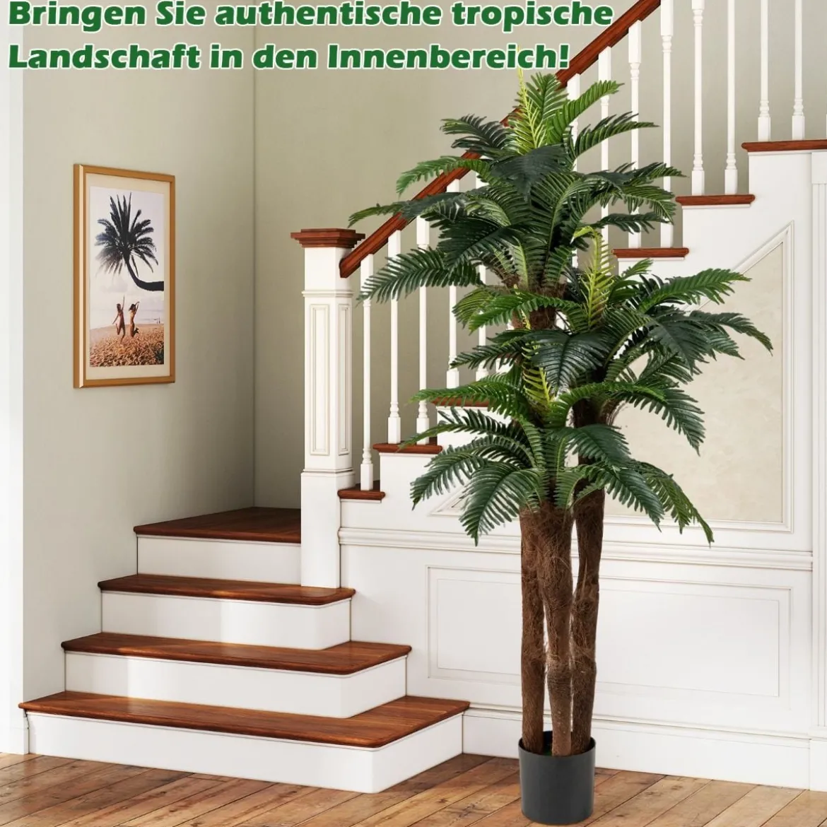 2er Set Künstliche Palmen mit Verstellbaren Blättern & 3 Echtstämme & Moos Zimmerpflanze