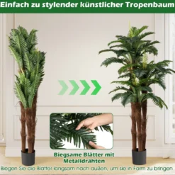 2er Set Künstliche Palmen mit Verstellbaren Blättern & 3 Echtstämme & Moos Zimmerpflanze