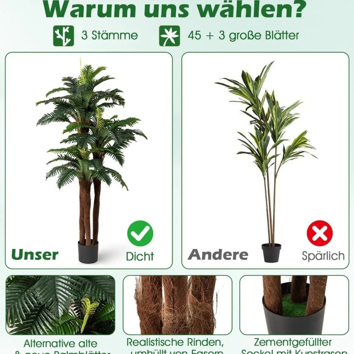 2er Set Künstliche Palmen mit Verstellbaren Blättern & 3 Echtstämme & Moos Zimmerpflanze