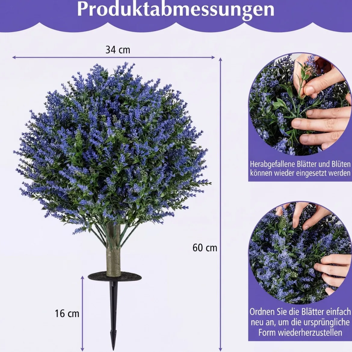 2er Set Künstliche Pflanze Lavendel mit Erdspieß & Immergrünen Blättern & Stämmen Dekopflanze