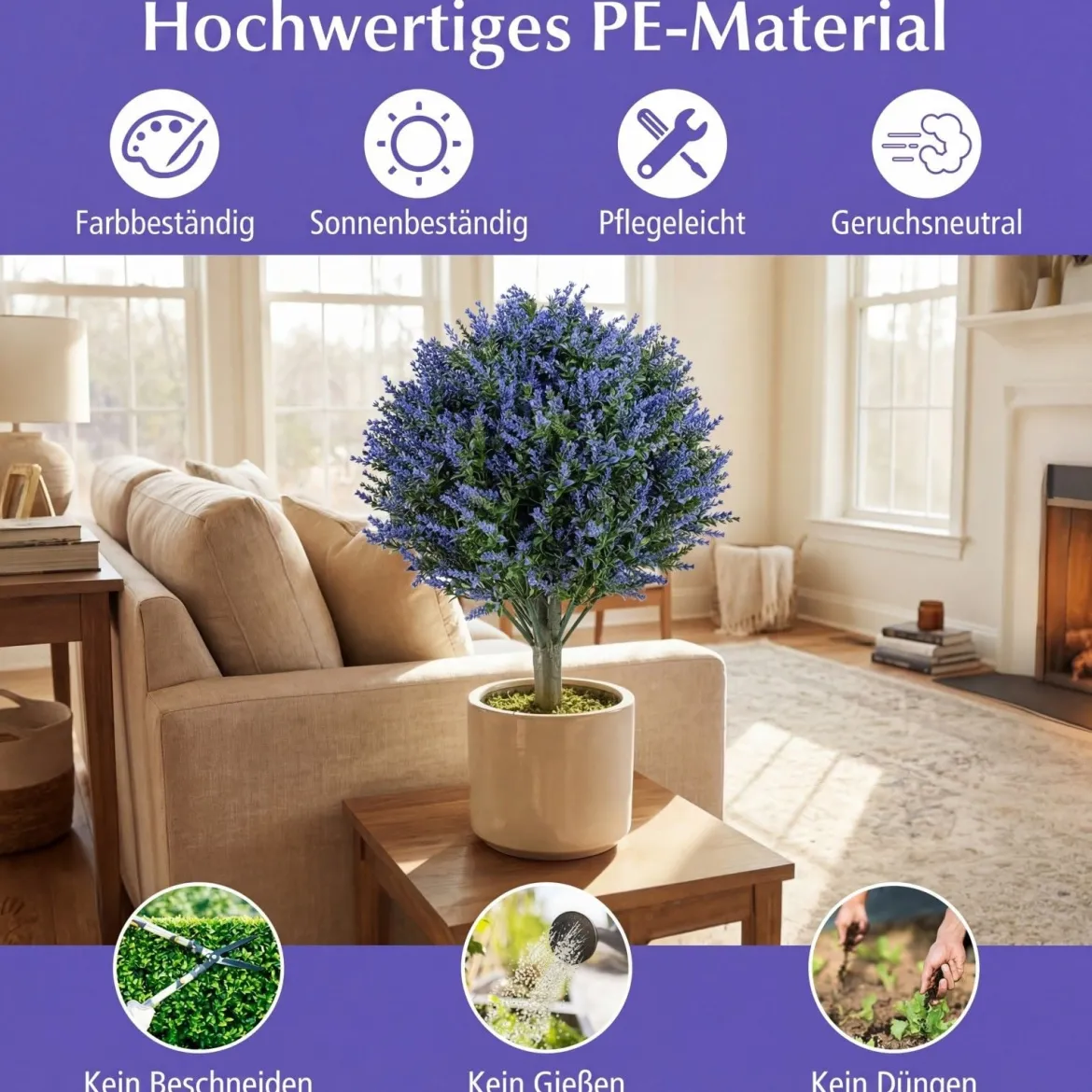 2er Set Künstliche Pflanze Lavendel mit Erdspieß & Immergrünen Blättern & Stämmen Dekopflanze