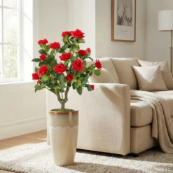 2er Set Künstliche Pflanze Rosen mit Erdspieß & Immergrünen Blättern & Stämmen Seidenblumen