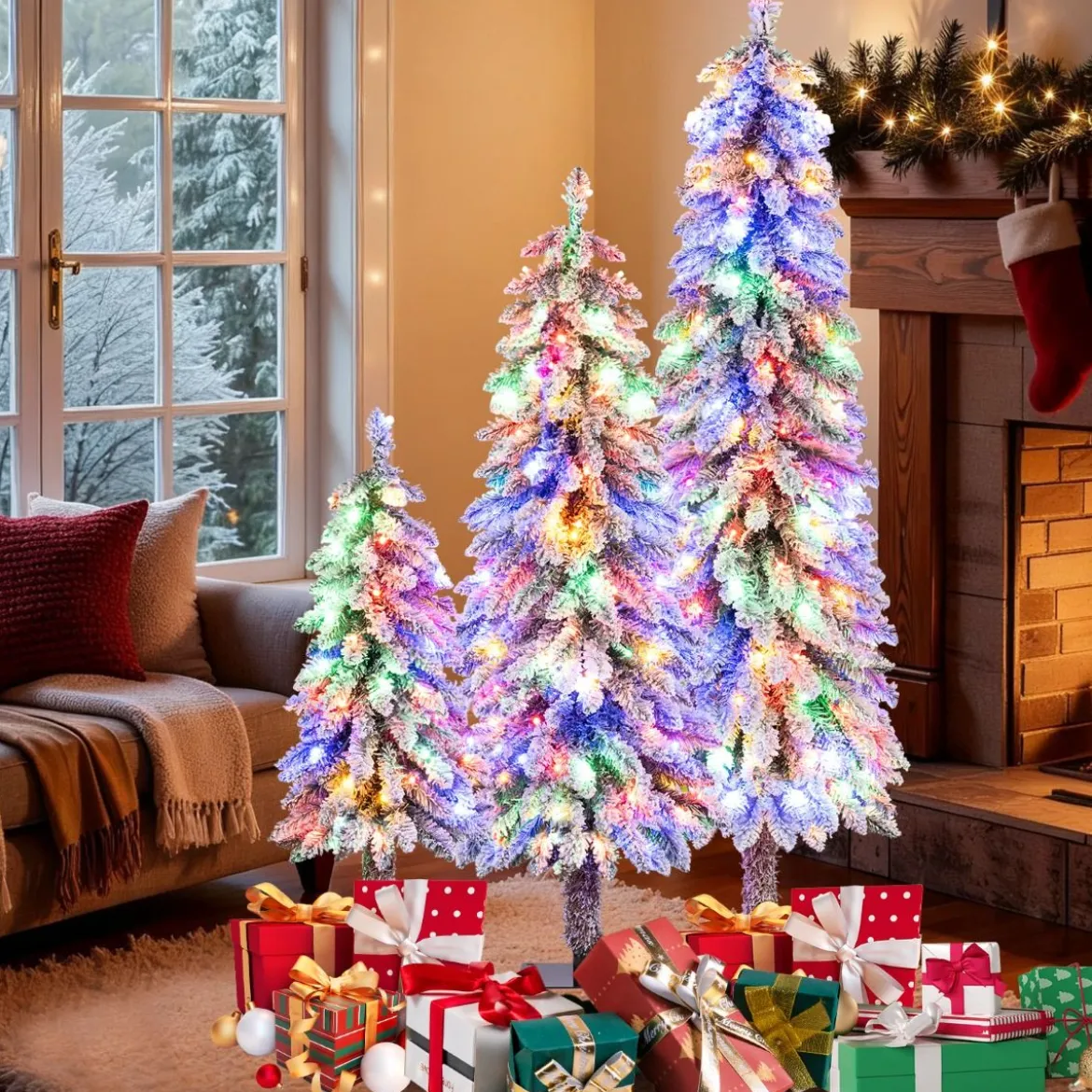 3er Set Künstlicher Weihnachtsbaum mit Beleuchtung & Schnee Christbaum 90 / 120 / 150 cm
