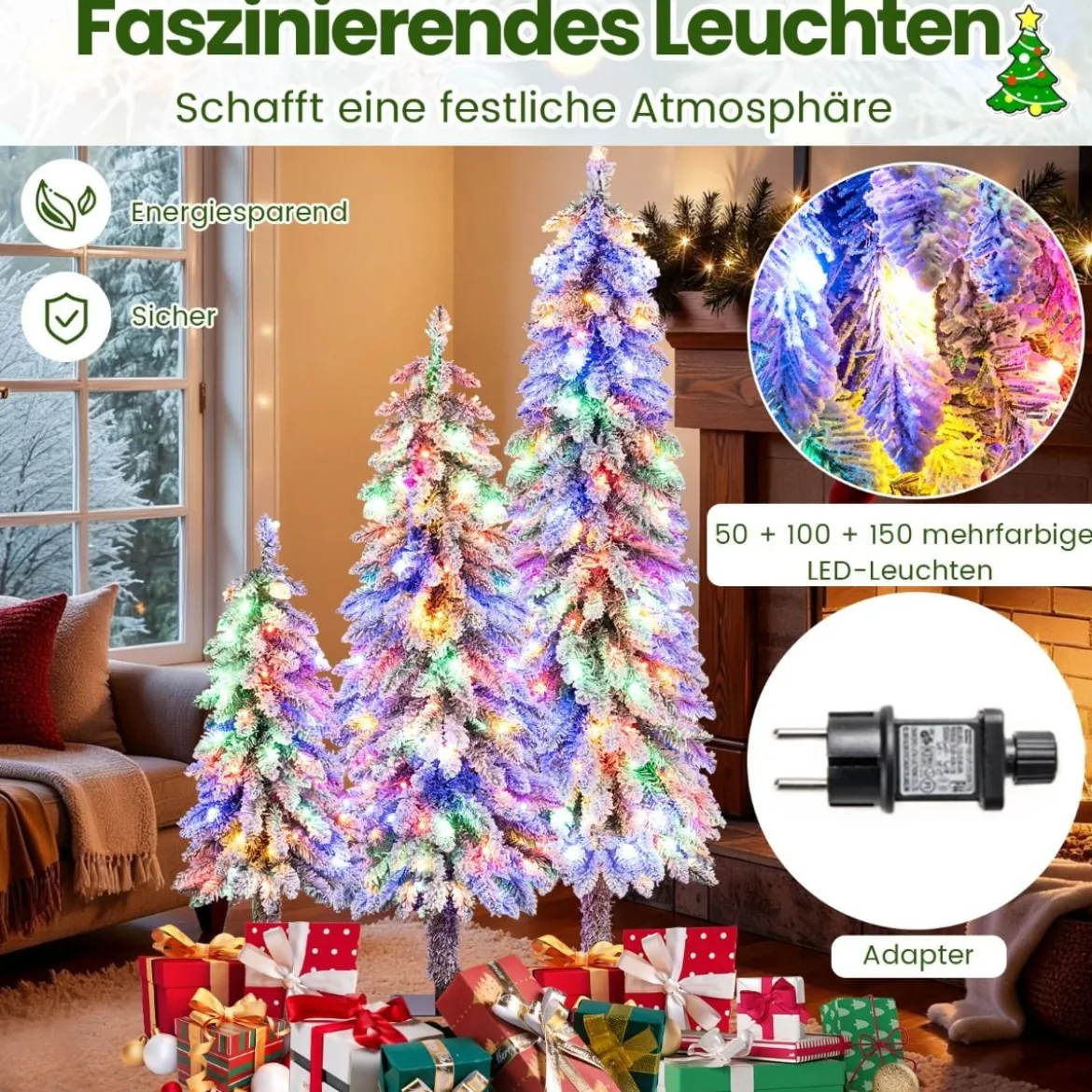 3er Set Künstlicher Weihnachtsbaum mit Beleuchtung & Schnee Christbaum 90 / 120 / 150 cm