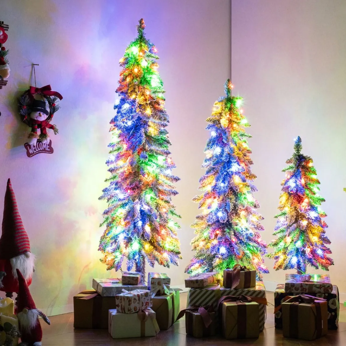 3er Set Künstlicher Weihnachtsbaum mit Beleuchtung & Schnee Christbaum 90 / 120 / 150 cm