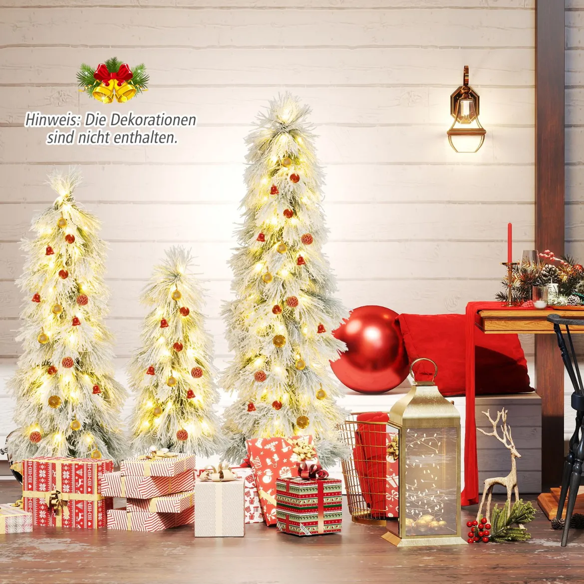 3er Set Künstliche Weihnachtsbäume 90 cm 120 cm 150 cm mit Beleuchtung schneebestäubte Zweigspitzen Grün