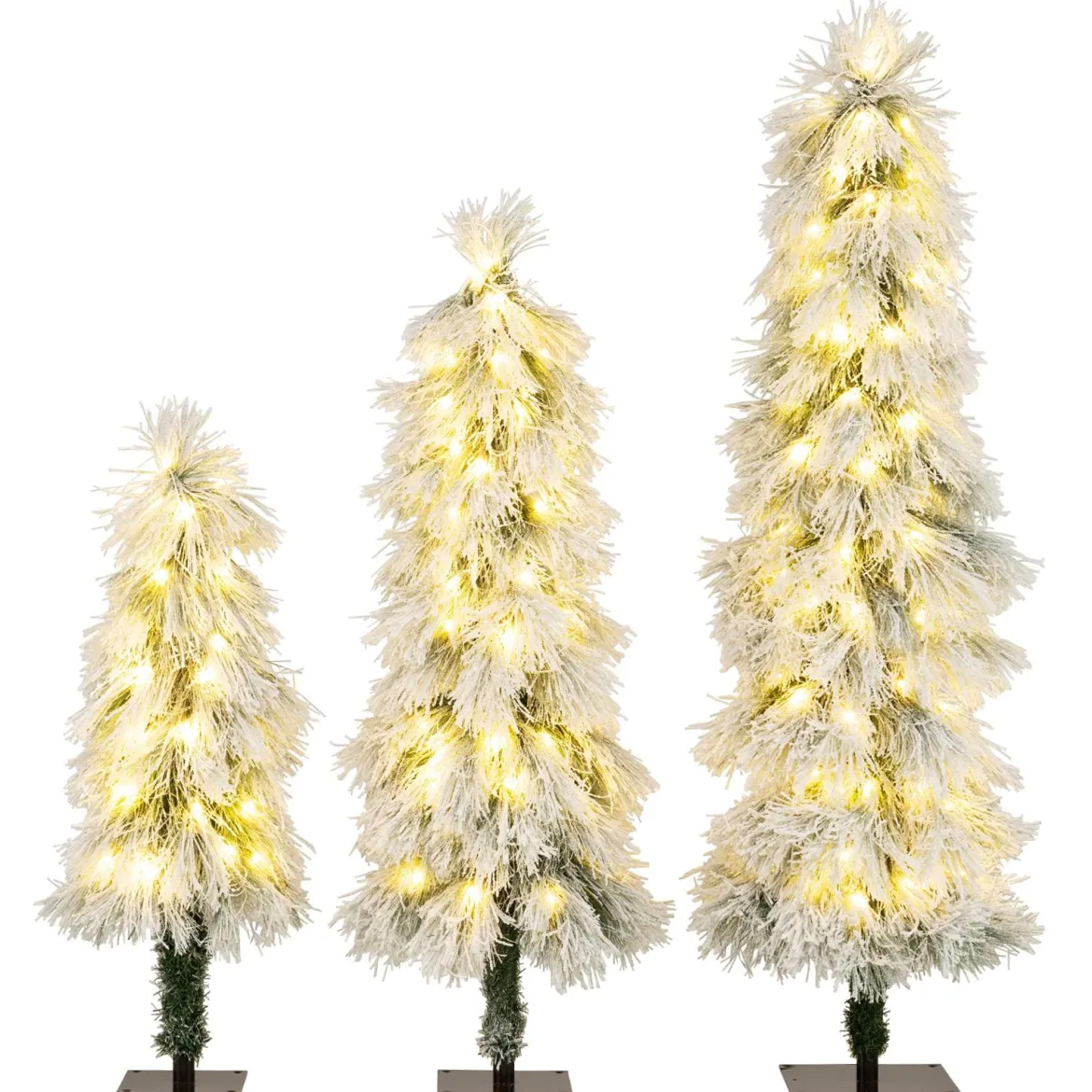 3er Set Künstliche Weihnachtsbäume 90 cm 120 cm 150 cm mit Beleuchtung schneebestäubte Zweigspitzen Grün