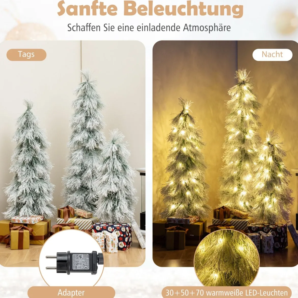 3er Set Künstliche Weihnachtsbäume 90 cm 120 cm 150 cm mit Beleuchtung schneebestäubte Zweigspitzen Grün