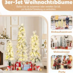 3er Set Künstliche Weihnachtsbäume 90 cm 120 cm 150 cm mit Beleuchtung schneebestäubte Zweigspitzen Grün