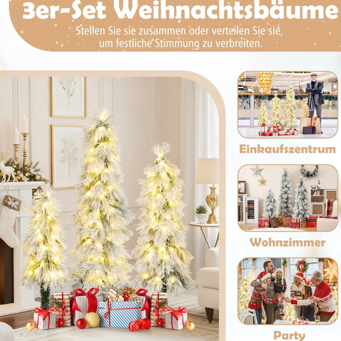 3er Set Künstliche Weihnachtsbäume 90 cm 120 cm 150 cm mit Beleuchtung schneebestäubte Zweigspitzen Grün