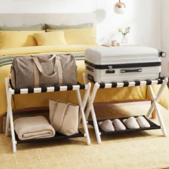 2er Set Kofferständer Klappbar Gepäckständer aus Gummibaumholz mit 2 Ablagen 67 x 46 x 52 cm Weiß