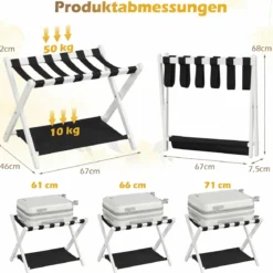 2er Set Kofferständer Klappbar Gepäckständer aus Gummibaumholz mit 2 Ablagen 67 x 46 x 52 cm Weiß