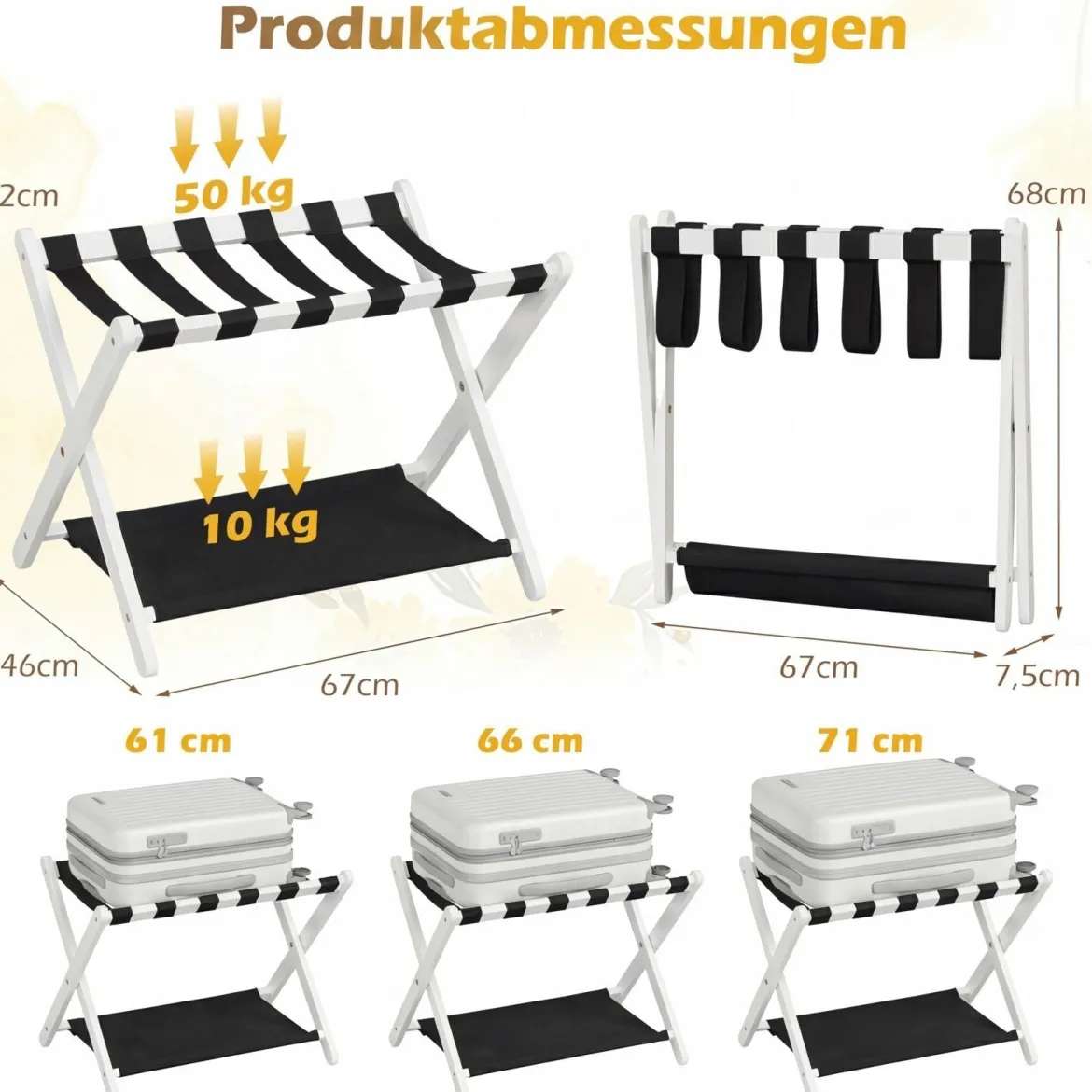 2er Set Kofferständer Klappbar Gepäckständer aus Gummibaumholz mit 2 Ablagen 67 x 46 x 52 cm Weiß