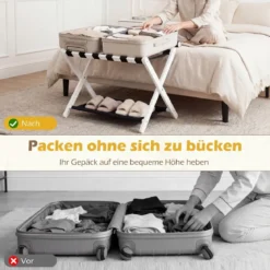 2er Set Kofferständer Klappbar Gepäckständer aus Gummibaumholz mit 2 Ablagen 67 x 46 x 52 cm Weiß