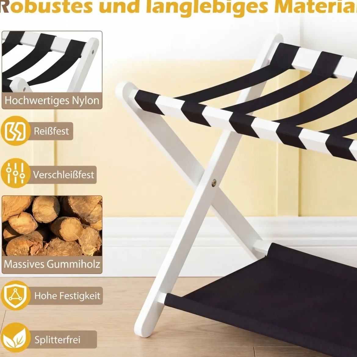 2er Set Kofferständer Klappbar Gepäckständer aus Gummibaumholz mit 2 Ablagen 67 x 46 x 52 cm Weiß