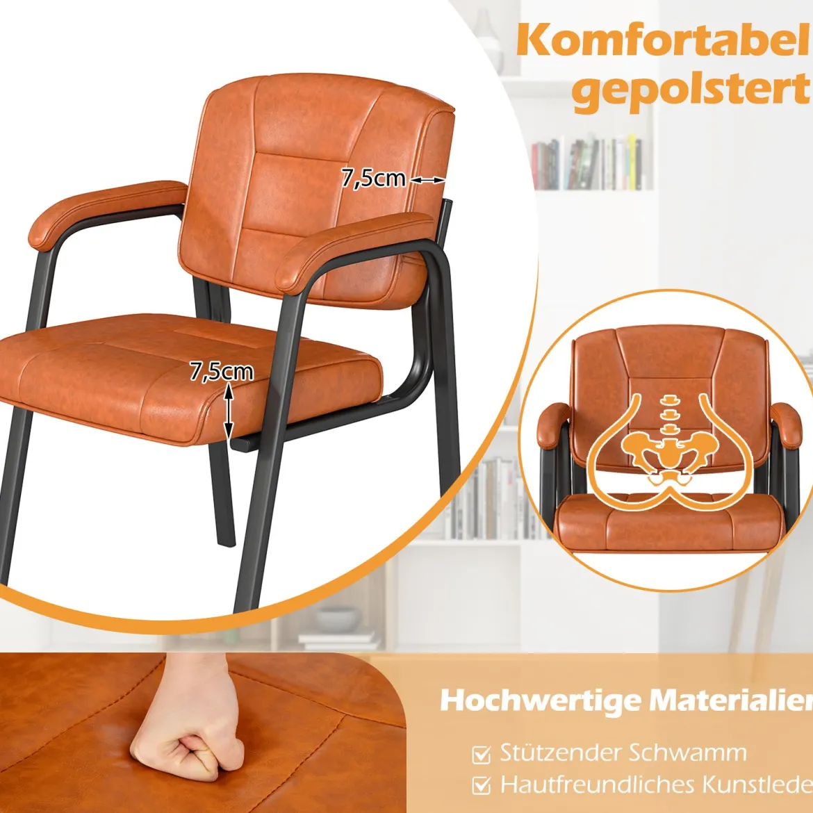 2er Set Konferenzstühle mit Gepolsterten Armlehnen & Metallrahmen Besucherstühle Braun