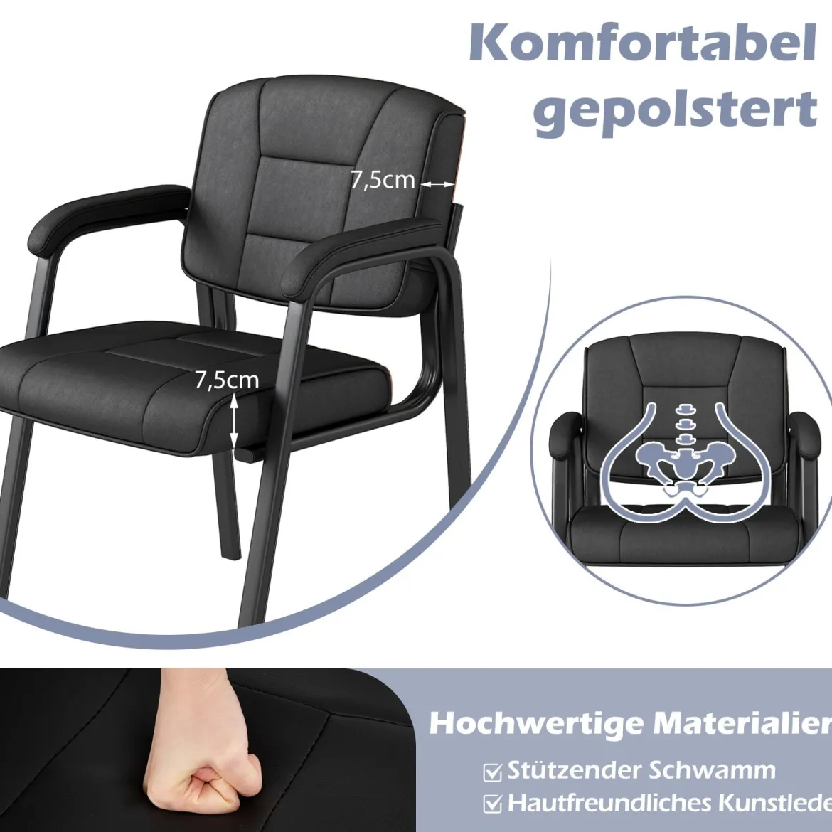 2er Set Konferenzstühle mit Gepolsterten Armlehnen & Metallrahmen Besucherstühle Schwarz