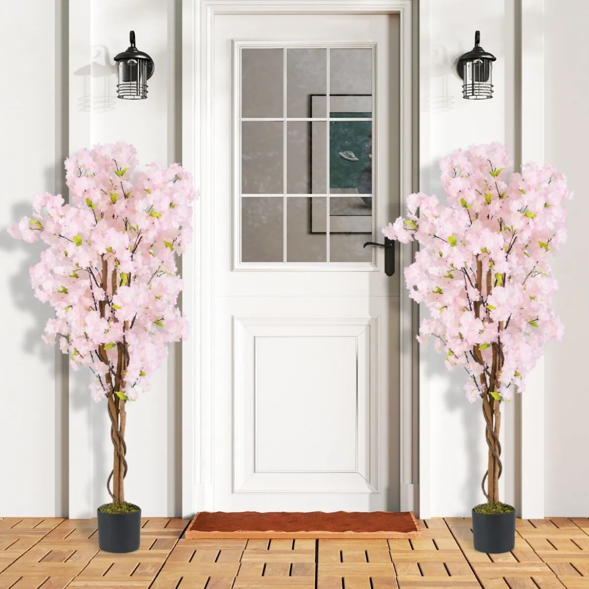 2er Set Kunstbaum mit Blüten 150 cm Kunstpflanze im Topf künstlicher Kirschblütenbaum Rosa