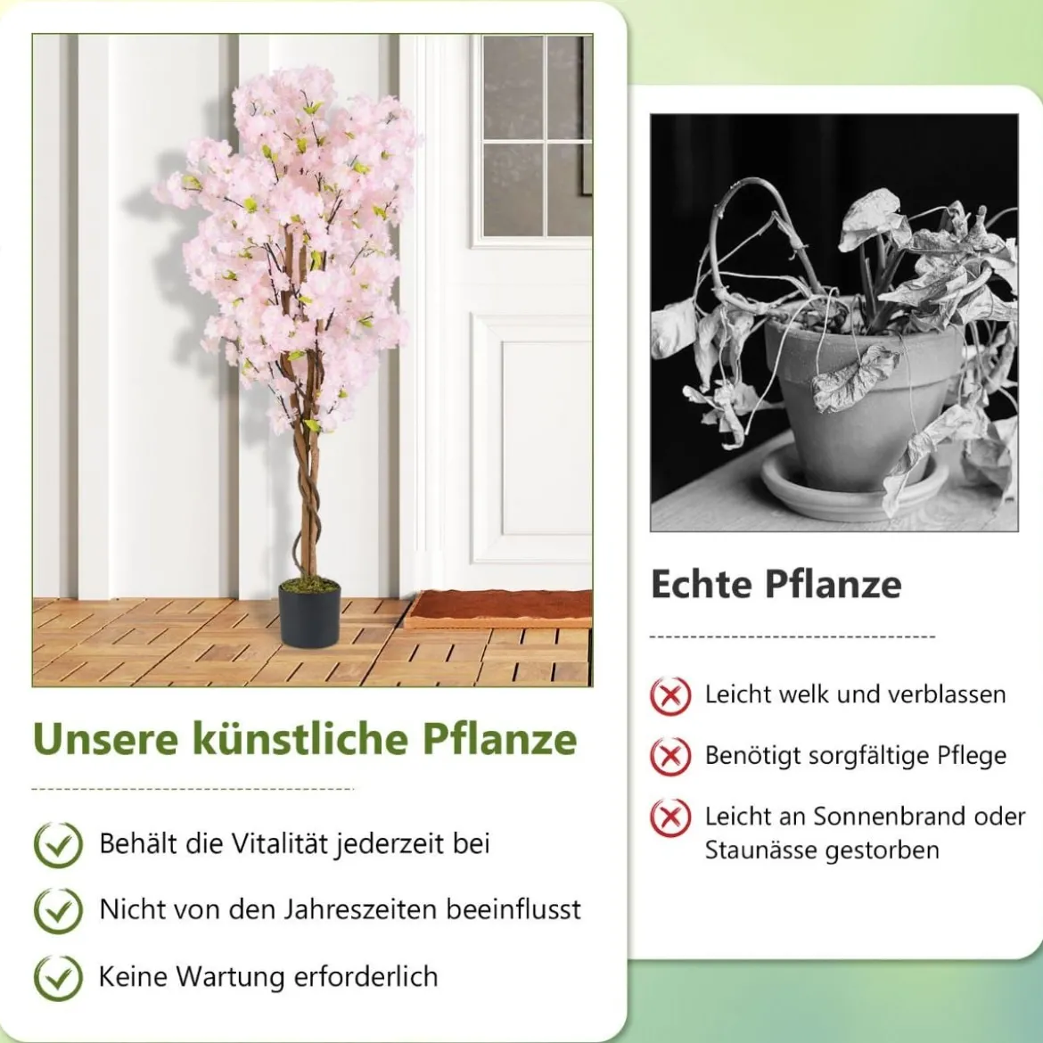 2er Set Kunstbaum mit Blüten 150 cm Kunstpflanze im Topf künstlicher Kirschblütenbaum Rosa