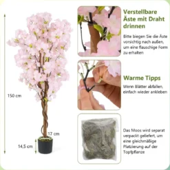 2er Set Kunstbaum mit Blüten 150 cm Kunstpflanze im Topf künstlicher Kirschblütenbaum Rosa