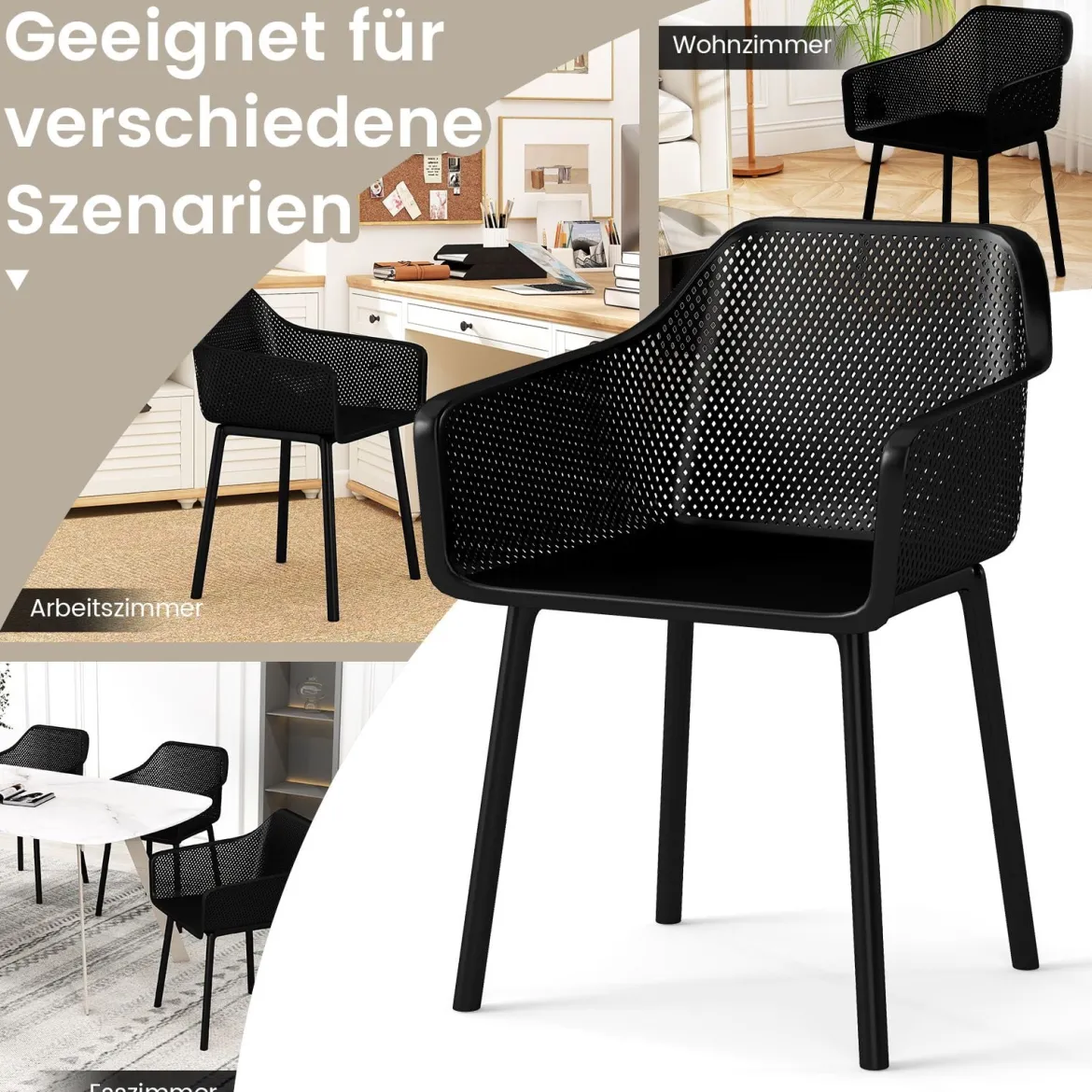 2er-Set Kunststoff-Esszimmerstühle-Set Küchenstuhl mit atmungsaktivem Netzrückenlehne &breiter Sitz Schwarz