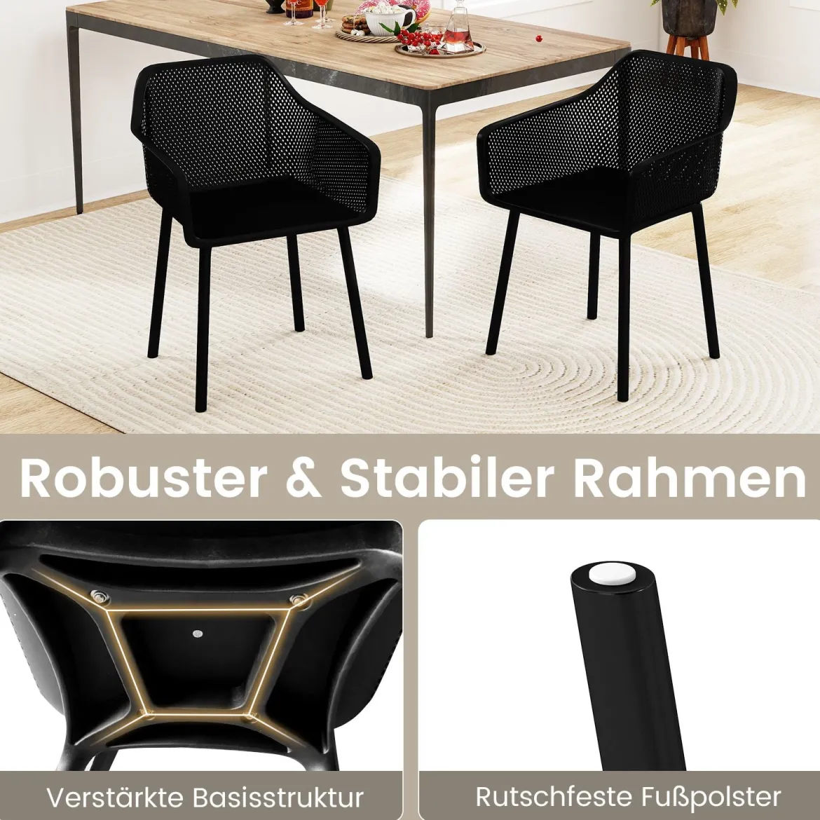 2er-Set Kunststoff-Esszimmerstühle-Set Küchenstuhl mit atmungsaktivem Netzrückenlehne &breiter Sitz Schwarz