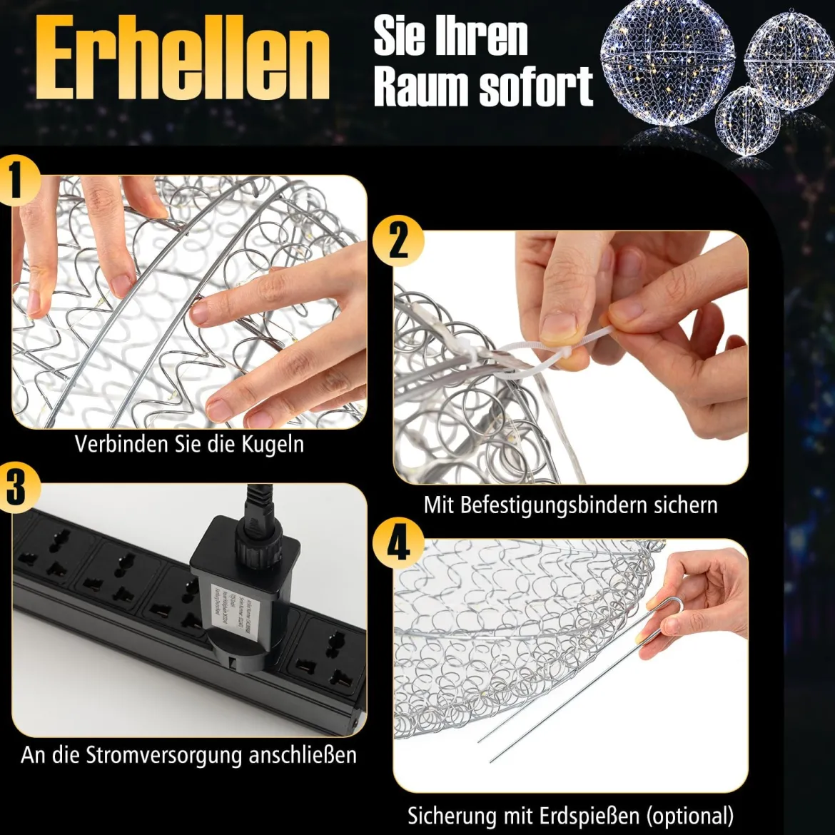 3er Set LED Dekokugel zum Hinhängen & Hinstellen LED Kugeln mit 435 LEDs Weihnachtsdeko