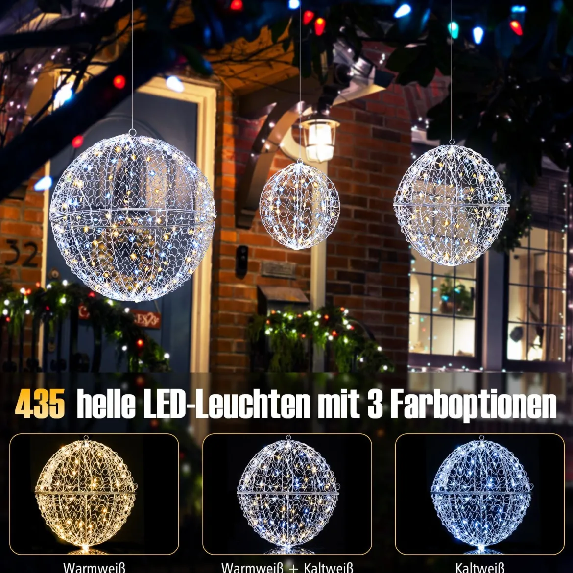 3er Set LED Dekokugel zum Hinhängen & Hinstellen LED Kugeln mit 435 LEDs Weihnachtsdeko