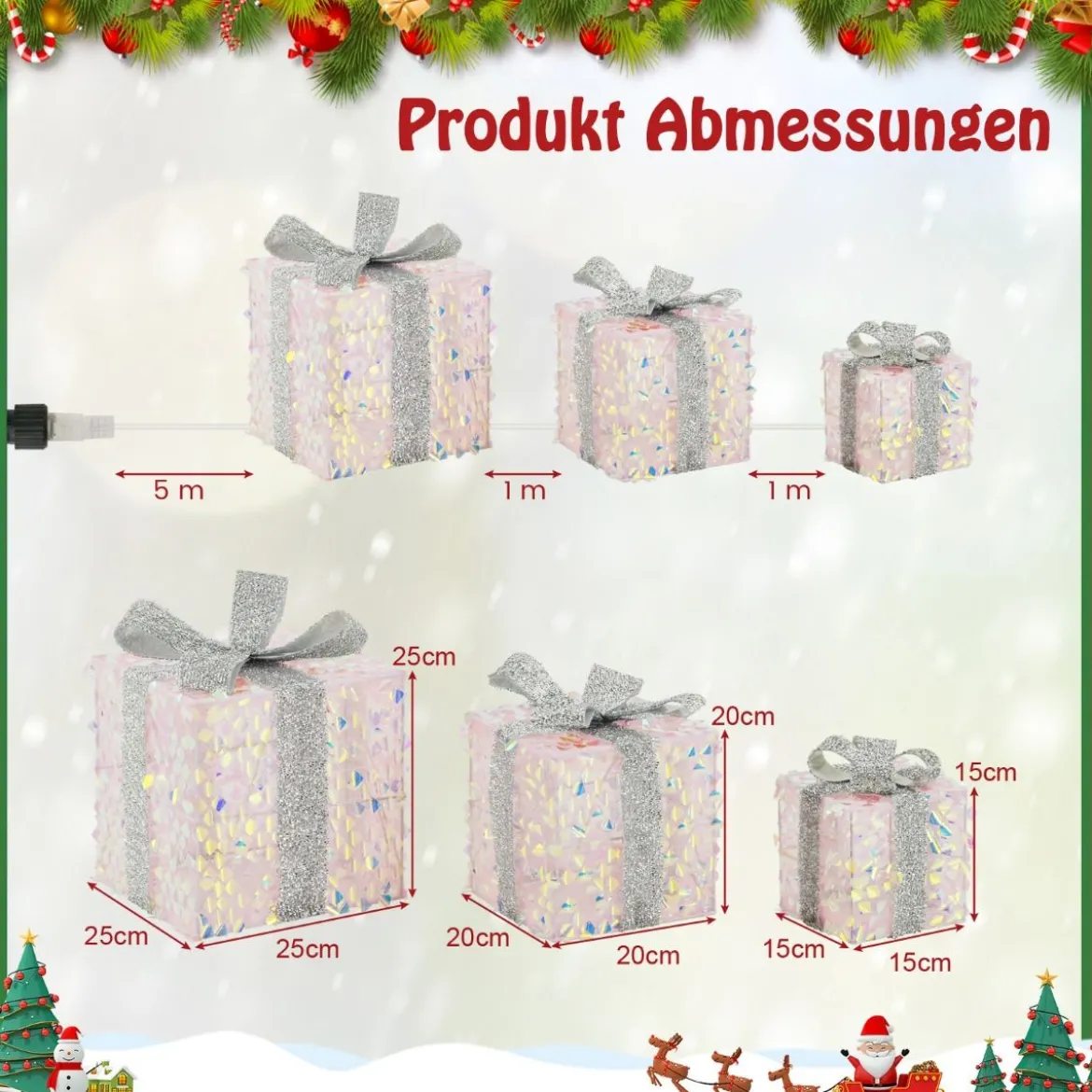 3er Set LED Geschenkboxen beleuchtete Weihnachtenboxen mit Schleifen Silber