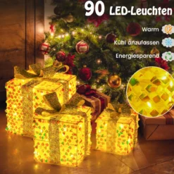 3er Set LED Geschenkboxen beleuchtete Weihnachtenboxen mit Schleifen Silber