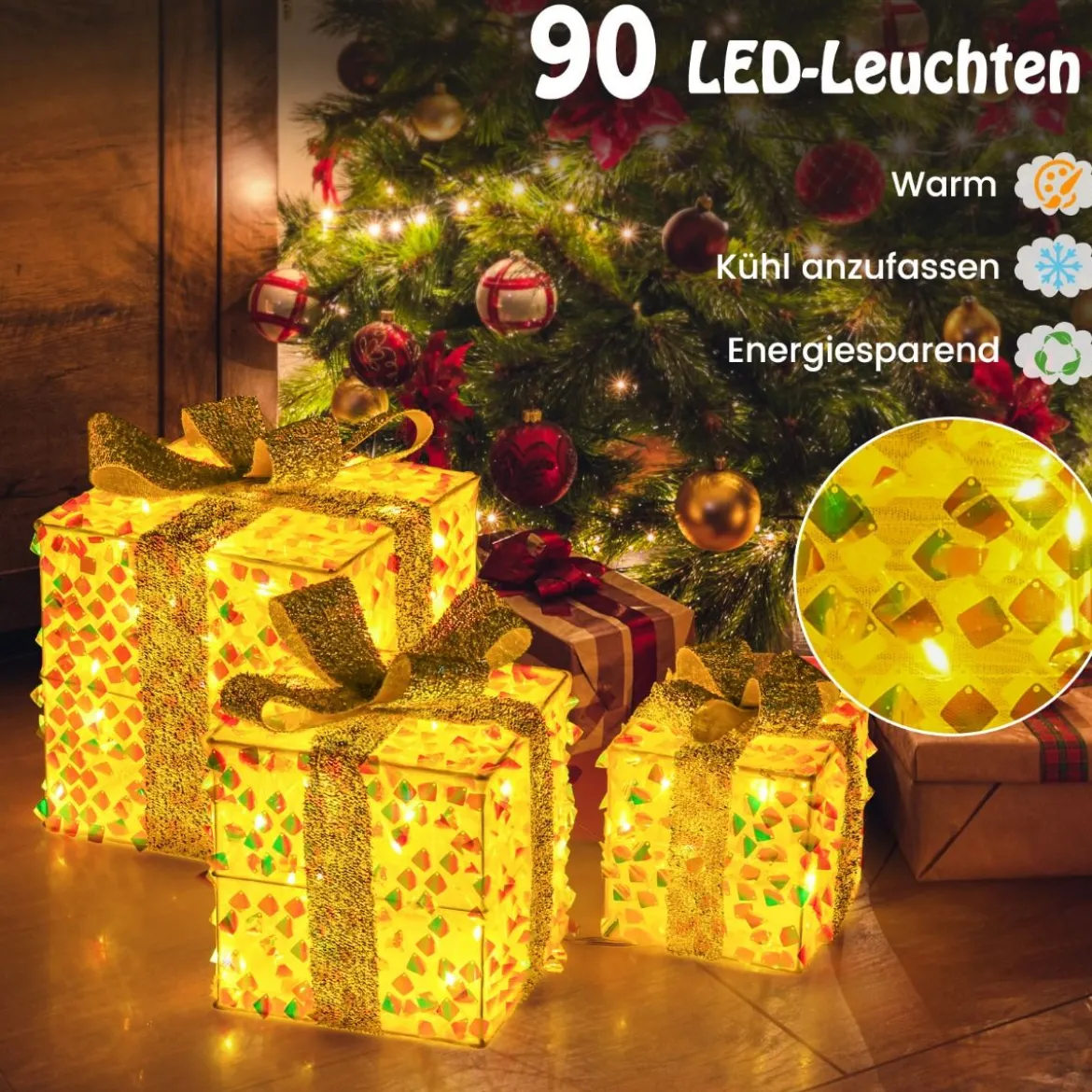 3er Set LED Geschenkboxen beleuchtete Weihnachtenboxen mit Schleifen Silber