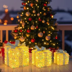 3er Set LED Geschenkboxen beleuchtete Weihnachtenboxen mit Schleifen Silber