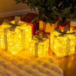 3er Set LED Geschenkboxen beleuchtete Weihnachtenboxen mit Schleifen Silber