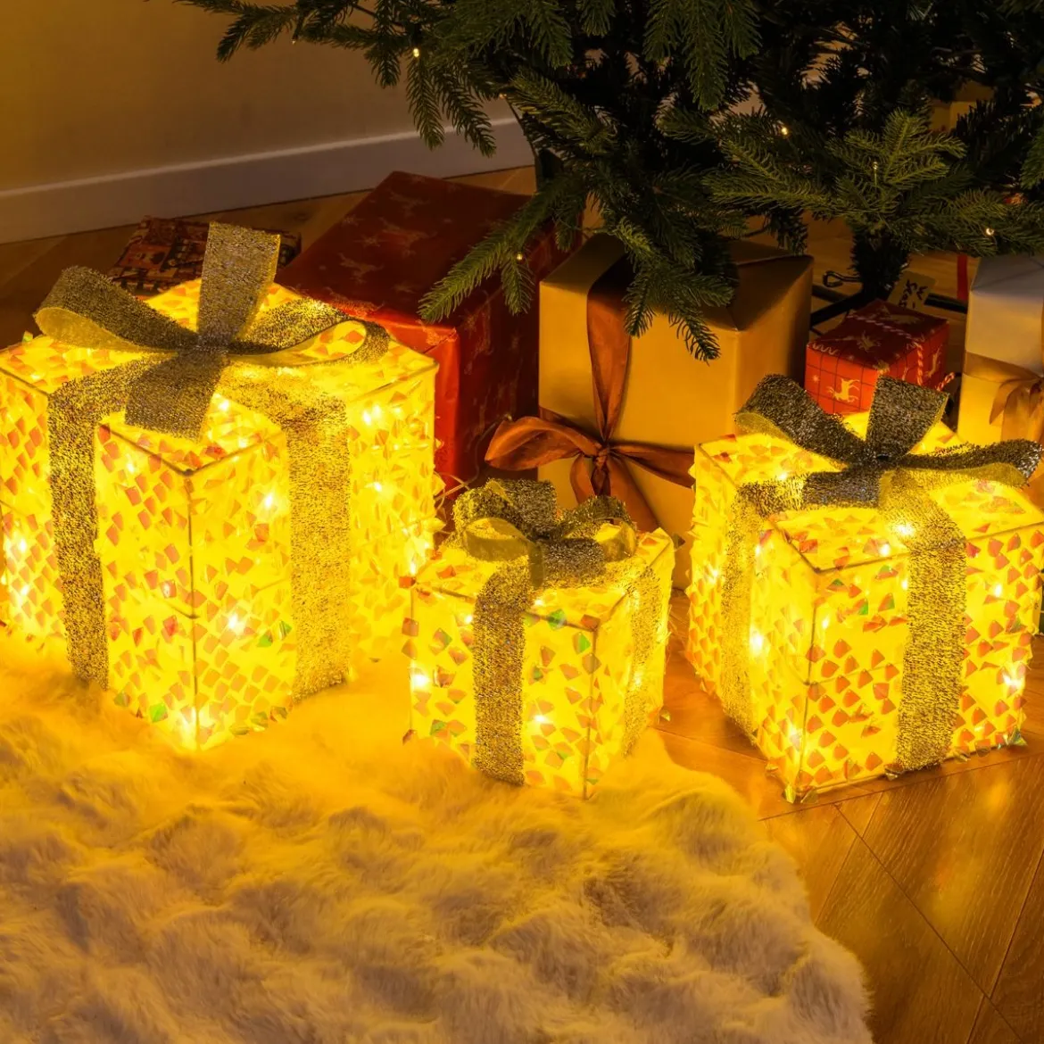 3er Set LED Geschenkboxen beleuchtete Weihnachtenboxen mit Schleifen Silber