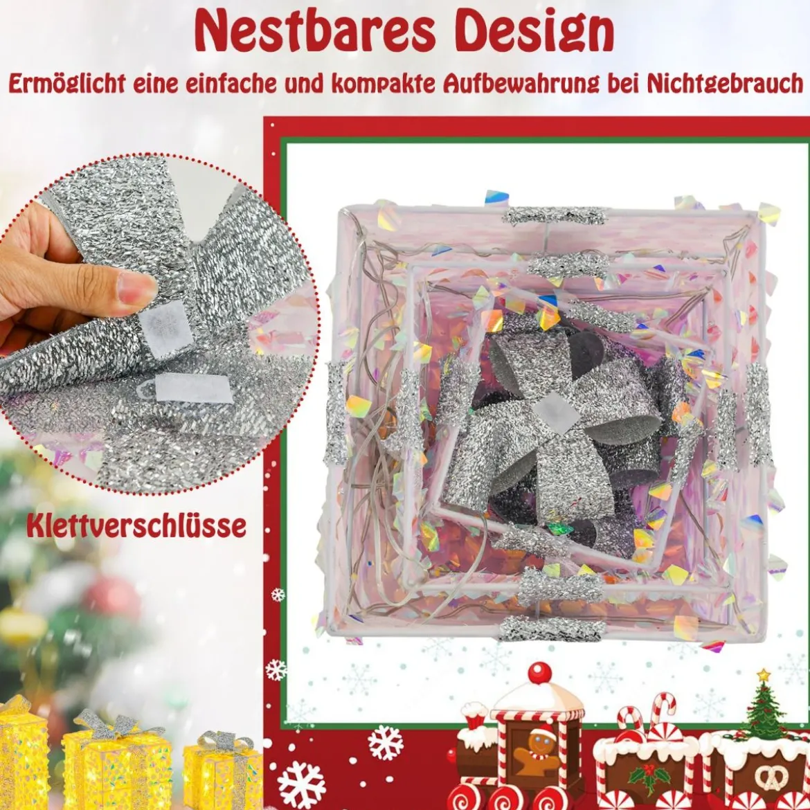 3er Set LED Geschenkboxen beleuchtete Weihnachtenboxen mit Schleifen Silber